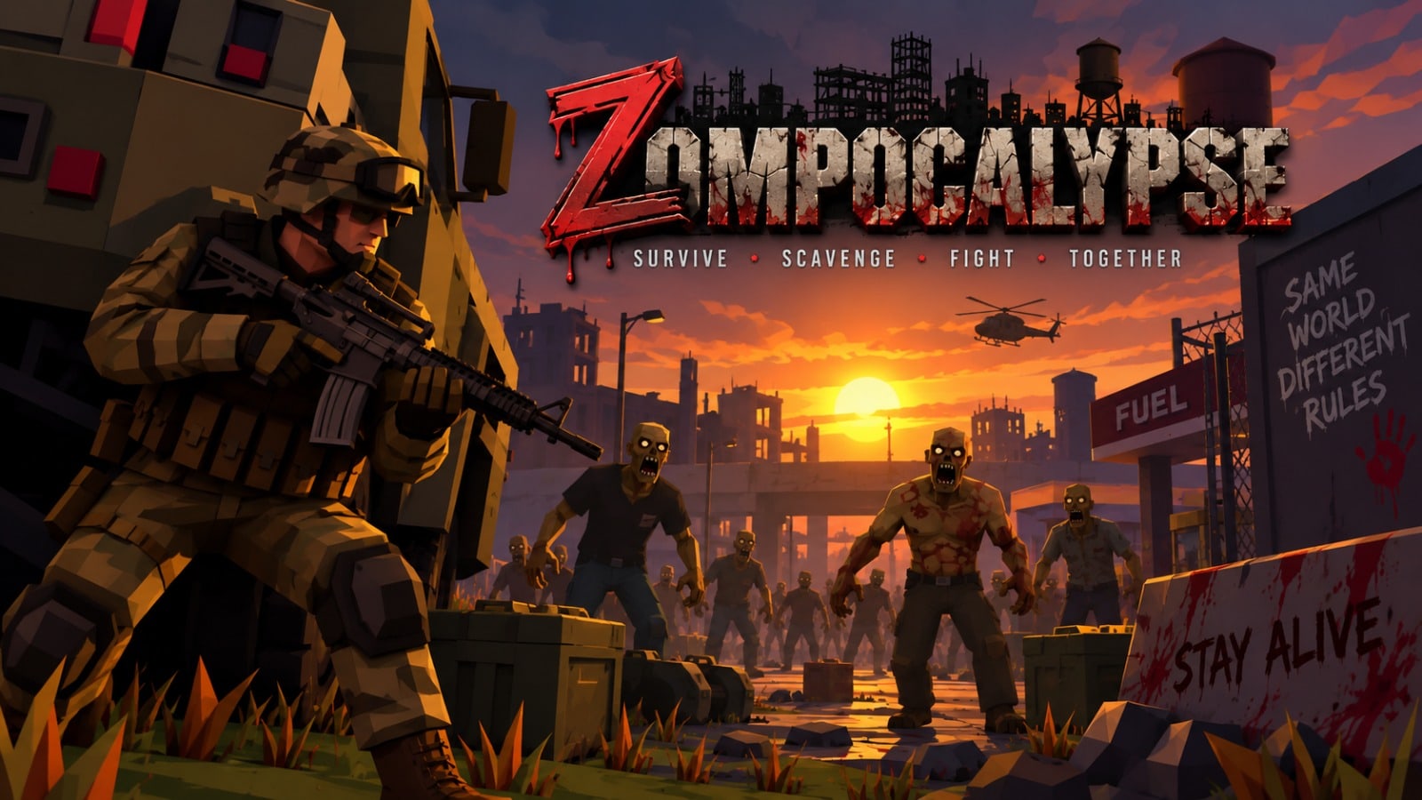 Zompocalypse key art — a crouching soldier takes aim as infected advance through a ruined street at dusk