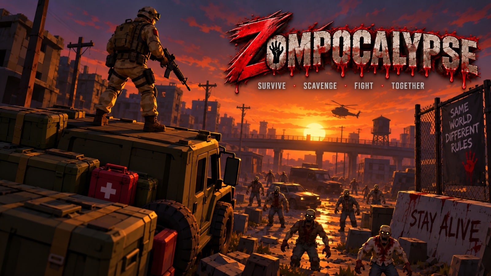 Zompocalypse key art — a soldier stands on a supply truck at sunset as the infected close in below