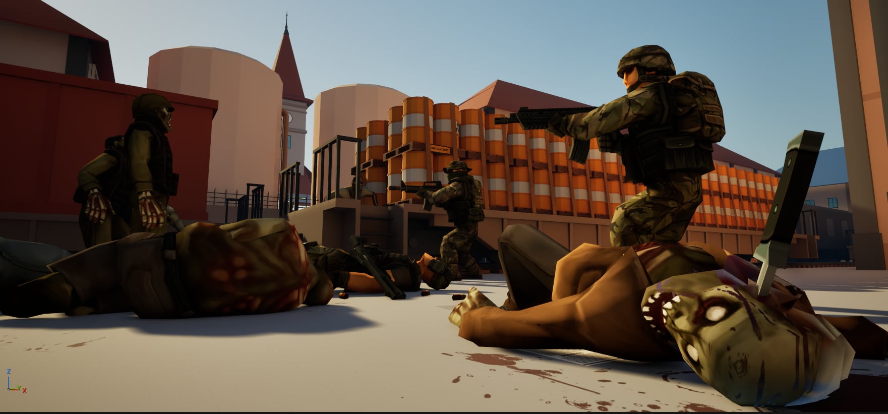 A soldier advancing past infected bodies beside stacked hazard barrels