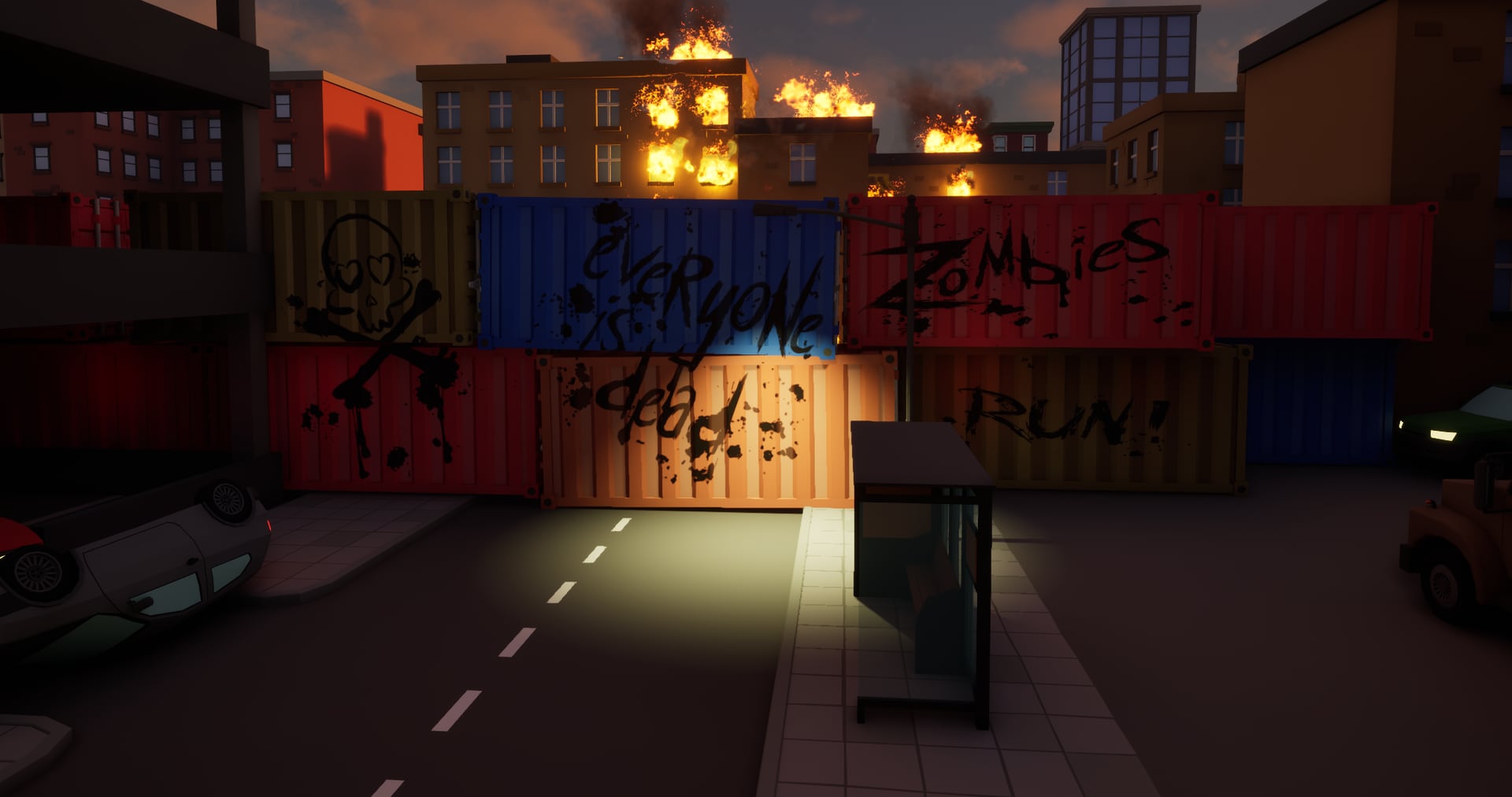 A shipping-container barricade tagged EVERYONE IS DEAD and RUN!, with the city burning behind it