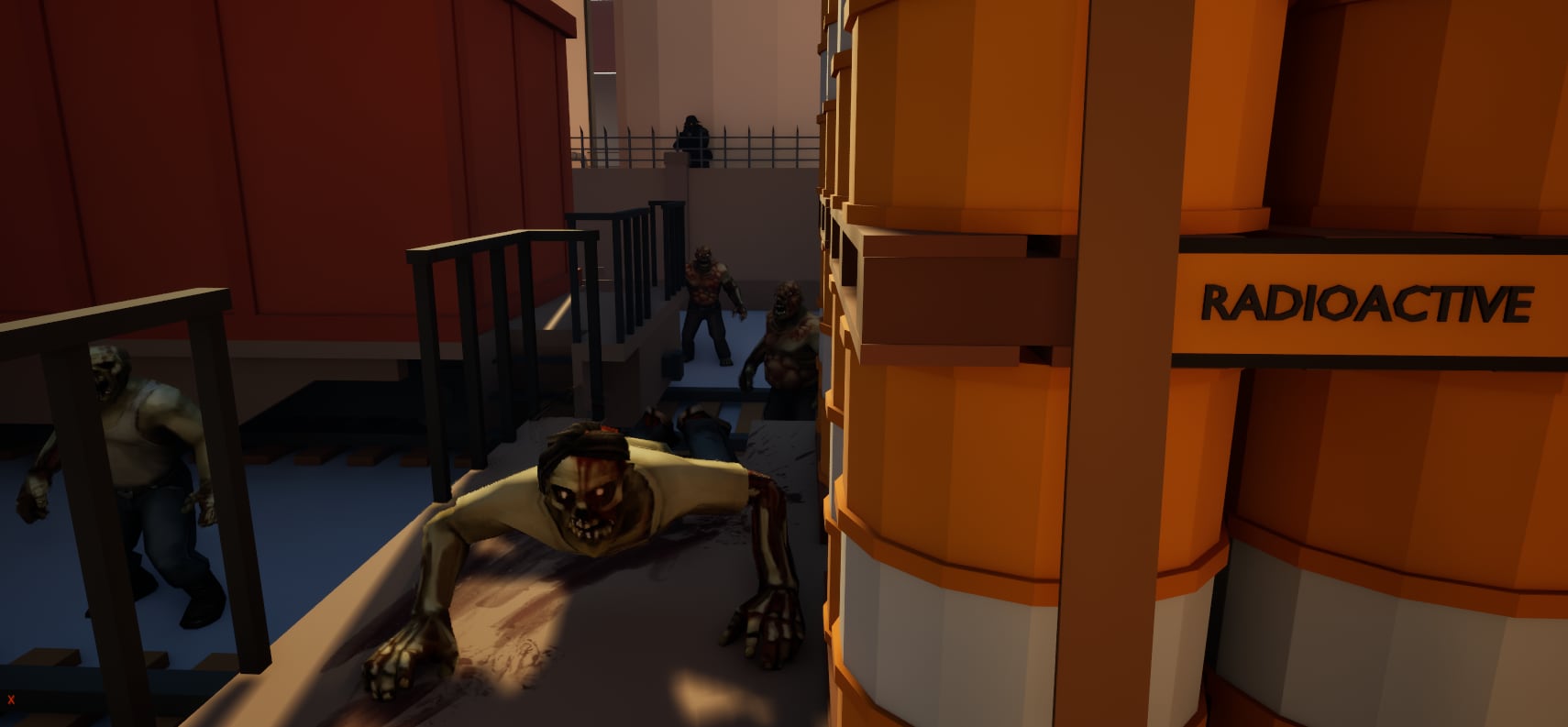 A crawling infected dragging itself along a walkway lined with radioactive drums