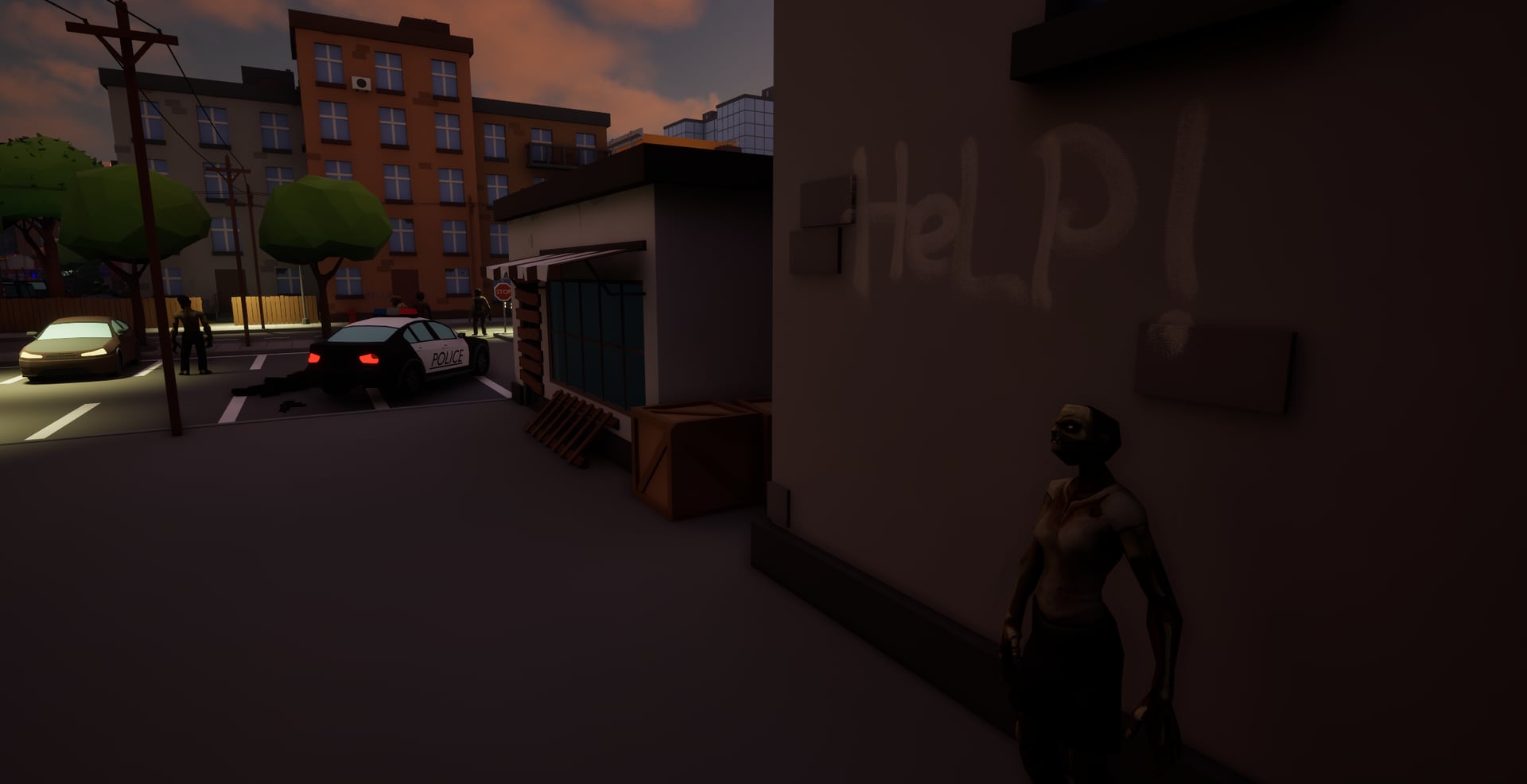 A dusk street corner, an abandoned police car and HELP! sprayed across a wall