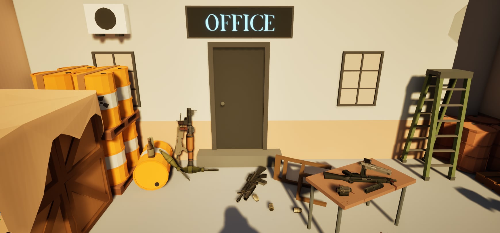 A supply room stacked with hazard barrels, weapons on a table and spent casings on the floor